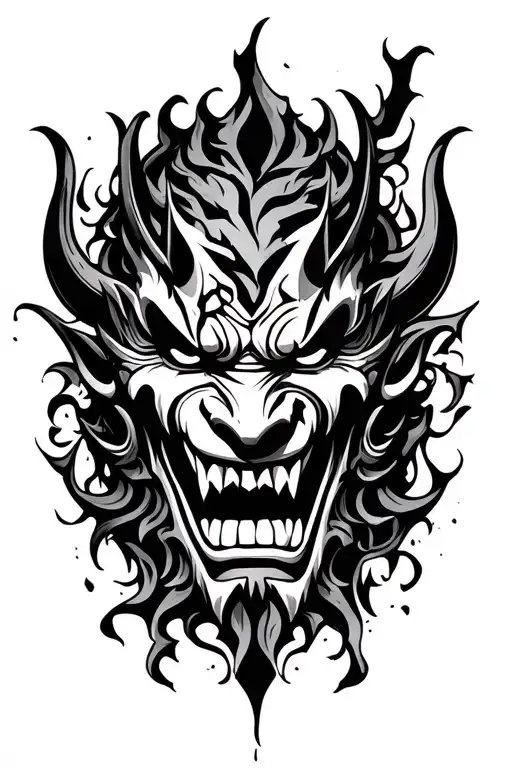 broken oni mask surrounded tattoo design idea