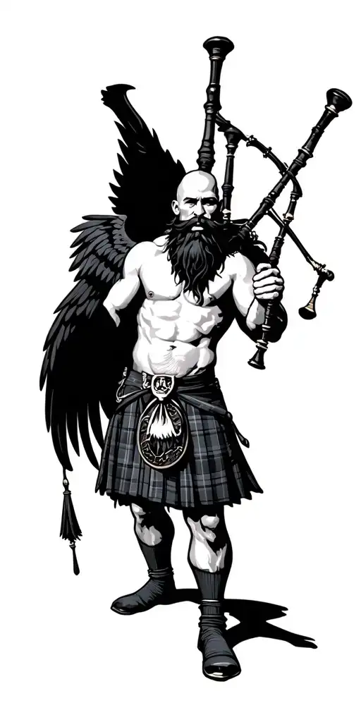 shirtless muscular bagpiper bald black beard  big black wings playing bagpipes in arm tattoo design idea
