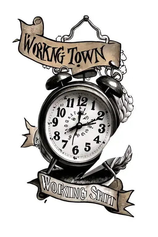 Alarm clock 4:20 and Working Town Shit inscription tattoo design idea