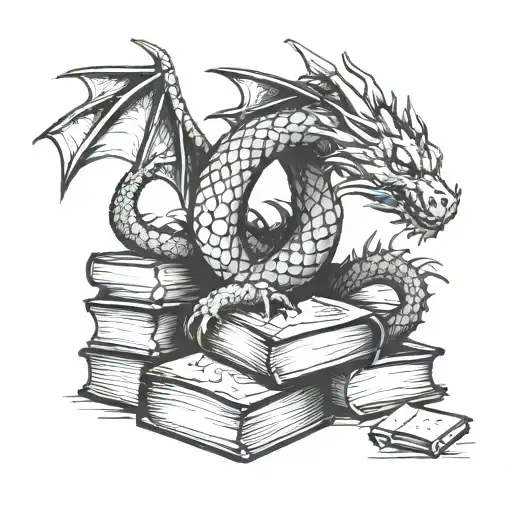A dragon curled around a stack of books tattoo design idea