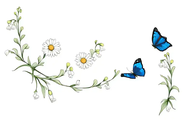 a minimalist flower vine with lily of the valley and daisys, I also want a few monarch and blue morpho butterflies tattoo design idea