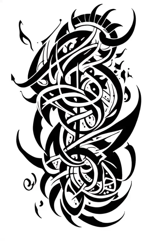 tribal elements with asian and arabic calligraphy style tattoo design idea