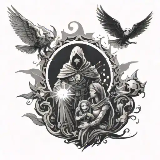 destiny family and light emanating tattoo design idea