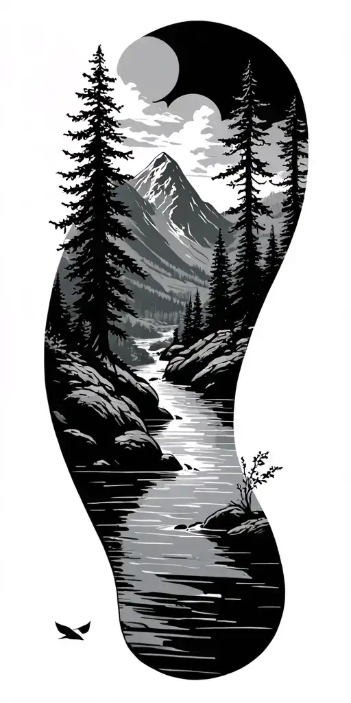 mountain stream through trees  tattoo design idea