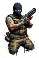 risk taker text, guy in balaclava holding gun tattoo design idea