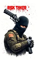 risk taker text, guy in balaclava holding gun tattoo design idea