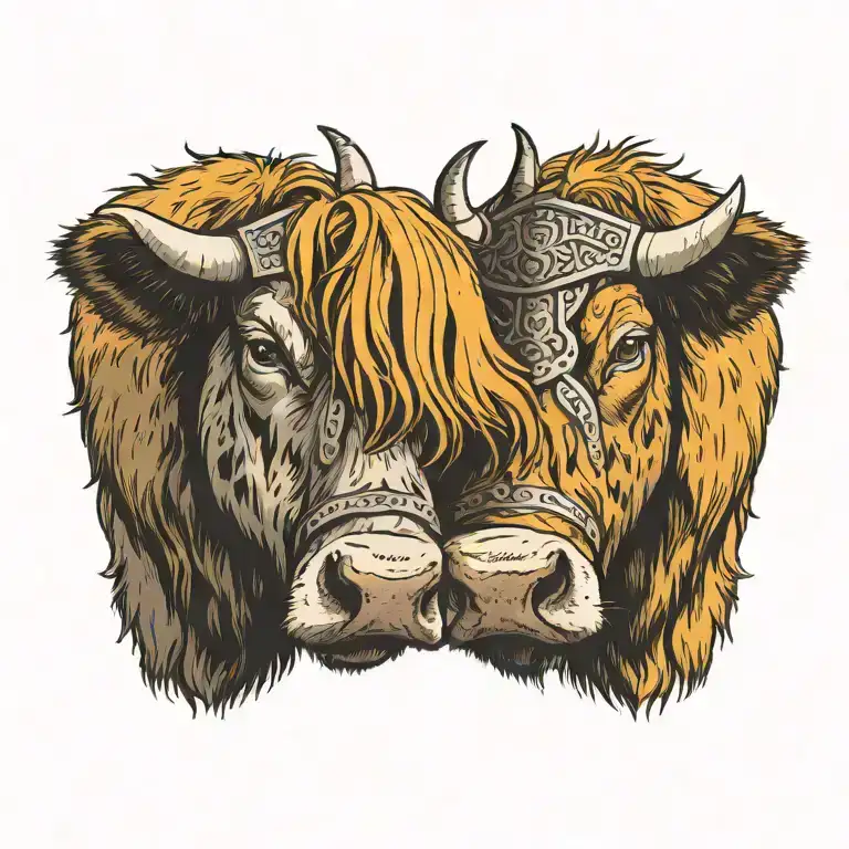two shaggy higland cows noses touching like a kiss. one cow wearing a viking helmet and the other cow has a shield tattoo design idea