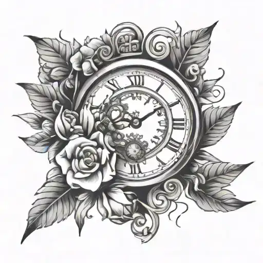 time piece with tree and flowers tattoo design idea