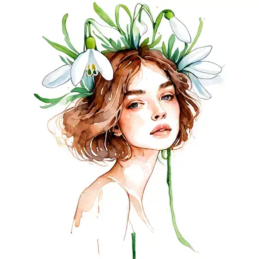 woman with brown hair and open snowdrop flower on the head tattoo design idea