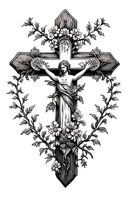 catholic cross wrapped in flowers and vines tattoo design idea