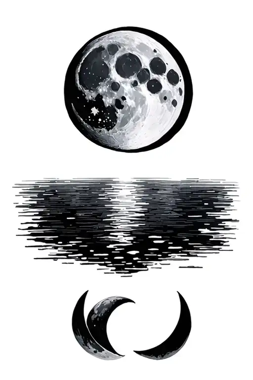 A new moon (dark circle with thin bright border), A waxing cccrescent without earthshine, and a waning crescent moon tattoo design idea