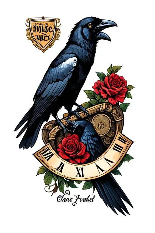 roman numerals surrounded by crow holding tattoo design idea