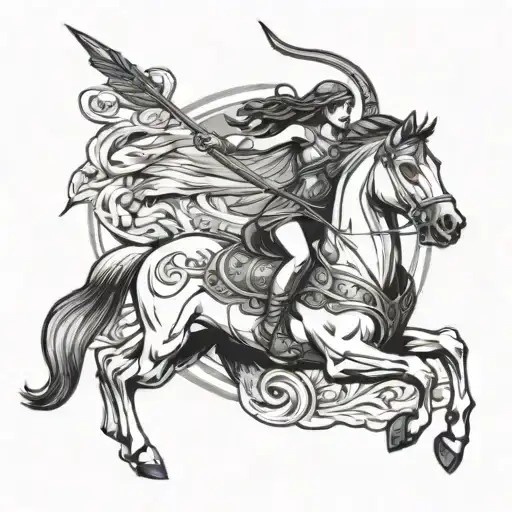 Athena riding a horse galloping with a bow and arrow  tattoo design idea