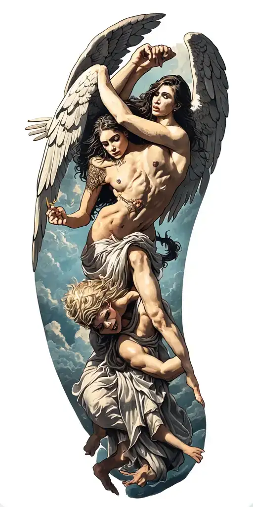 heaven vs hell theme with angels and demons fighting tattoo design idea