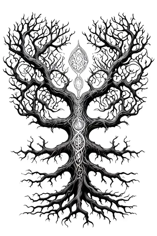 Yggdrasil with 3 long roots reatching for the nine realms tattoo design idea