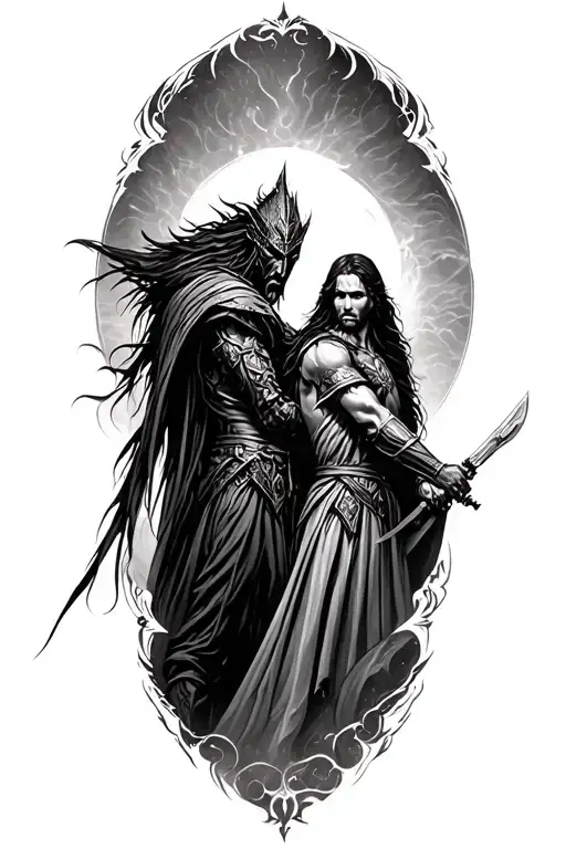 A cinematic, mythic-style tattoo design of the epic battle between Morgoth and Fingolfin tattoo design idea