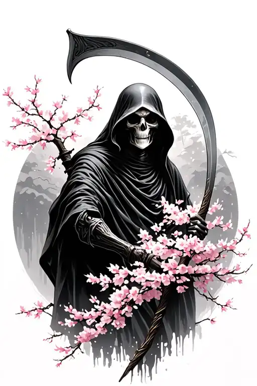 Grim reaper holding a scythe transitioning into a cherry blossom tree tattoo design idea