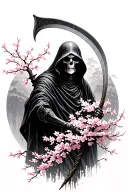 Grim reaper holding a scythe transitioning into a cherry blossom tree tattoo design idea