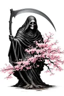 Grim reaper holding a scythe transitioning into a cherry blossom tree tattoo design idea