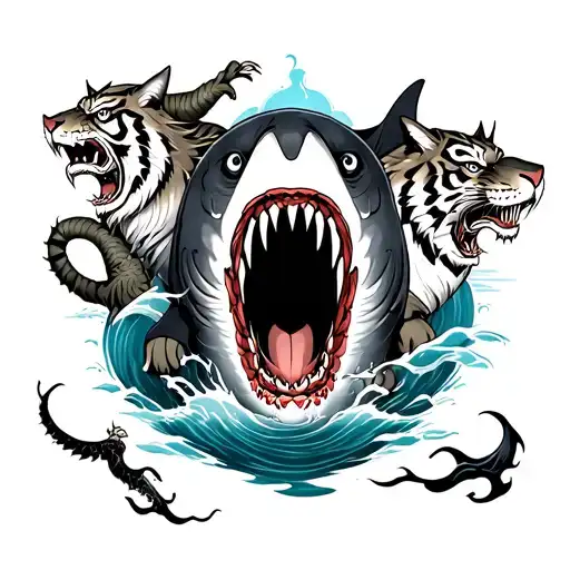 Arm sleeve Japanese style tattoo featuring shark pattern and water pattern with two tigers on shoulder, dragon on elbow tattoo design idea