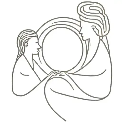 mother and daughter. Nazca line spirals as their faces. The Nazca mountains in the back. tattoo design idea