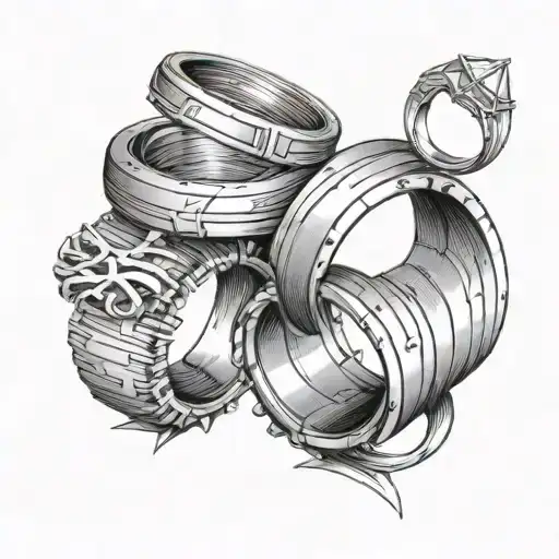 A set of three rings that get proportionally smaller stacked on top of each other - three views, top, perspective, side tattoo design idea