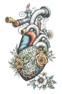 anatomical heart shaped gas can pouring gas on flowers tattoo design idea