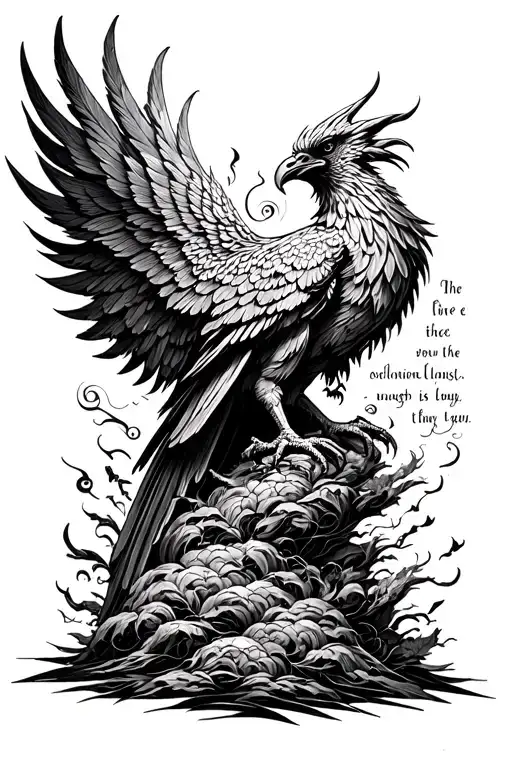 combine the hand written serenity prayer with gothic phoenix rising bird evolution in black shaded ink  tattoo design idea