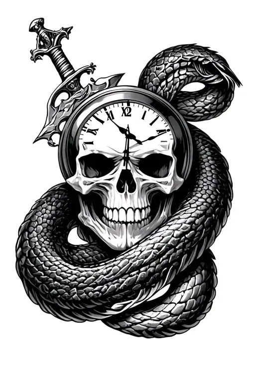 Skull clock serpent dagger morphing tattoo design idea
