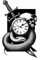 Skull clock serpent dagger morphing tattoo design idea
