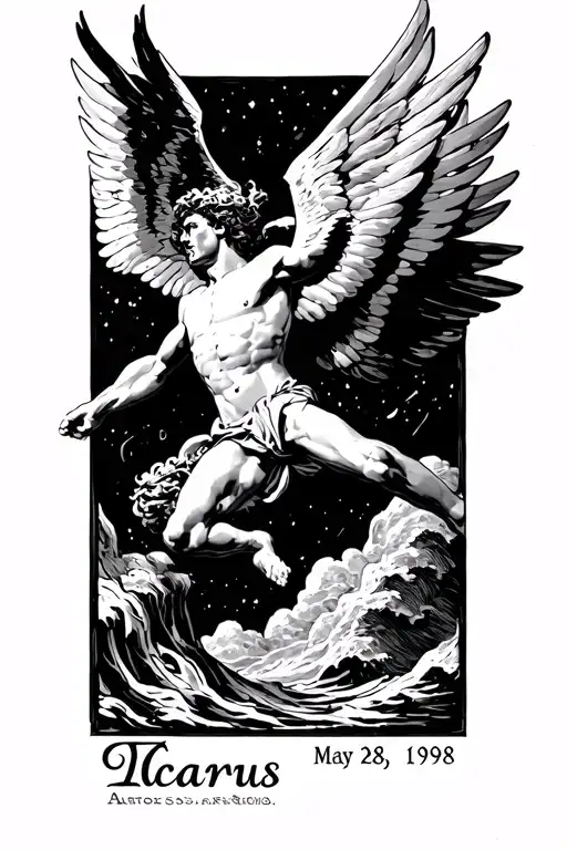 icarus falling with the date May 28, 1998 in roman numerals tattoo design idea