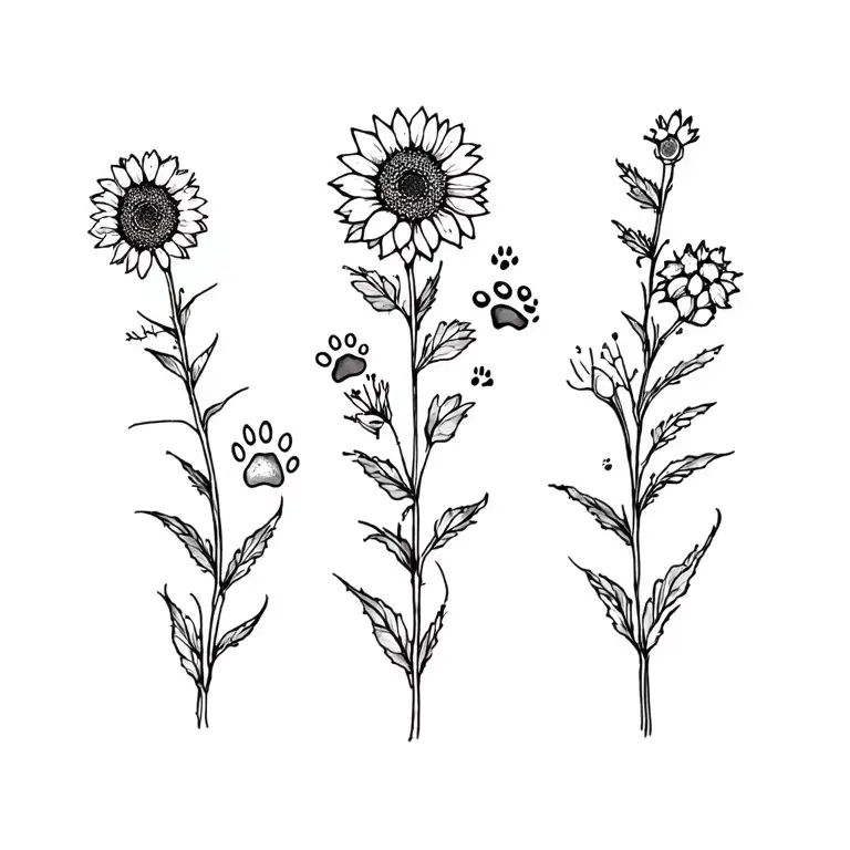 sunflower, statice, marigold, asphodel flowers and paw print tattoo design idea