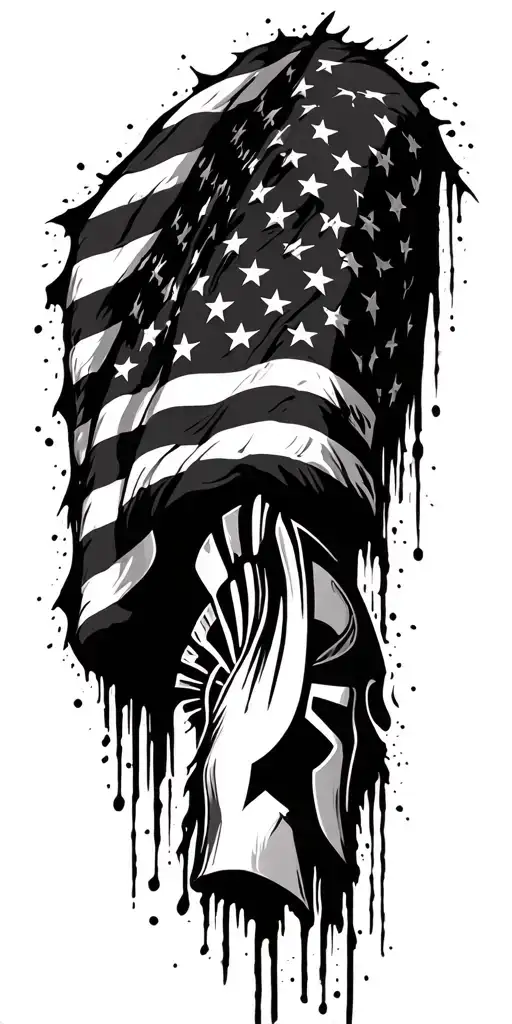american flag tattered and waving, spartan inspired tattoo design idea