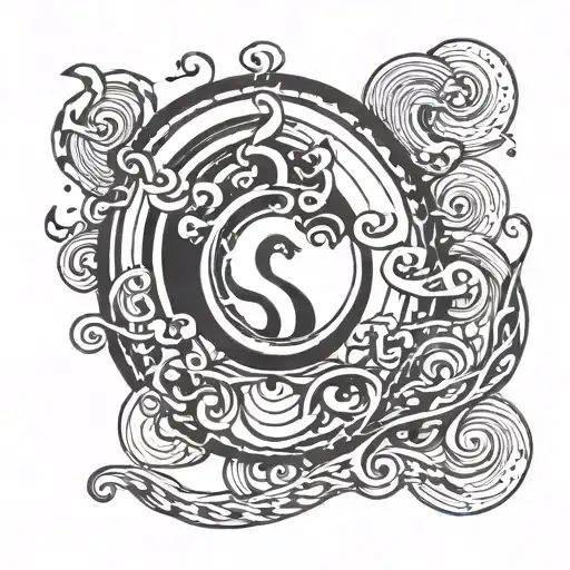 Generate a small minimalist tattoo: mix Aquarius sign drawing and wave and sun tattoo design idea