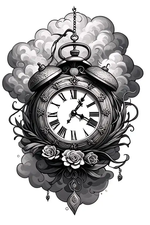 Deformed clock with rosary and clouds forming the shape tattoo design idea