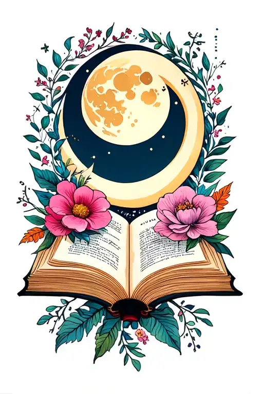 Open Book with flowers and moon tattoo design idea