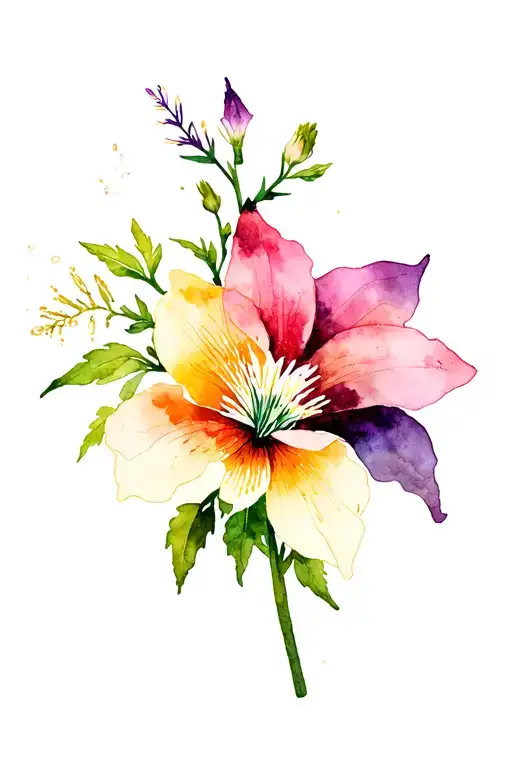 mountain range, potato plant, columbine flower intertwined tattoo design idea