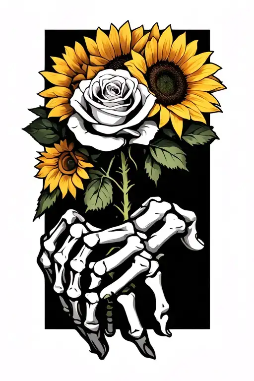 Black and white tattoo of a skeleton hand holding one rose and one sunflower tattoo design idea