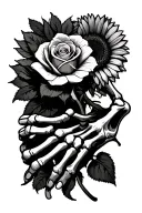 Black and white tattoo of a skeleton hand holding one rose and one sunflower tattoo design idea