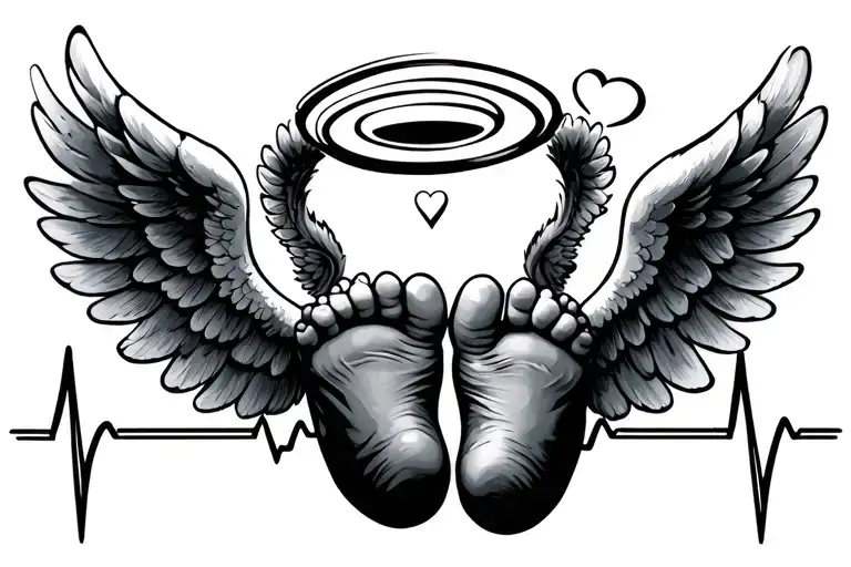 tiny baby feet with angel wings, and halo with heartbeat tattoo design idea