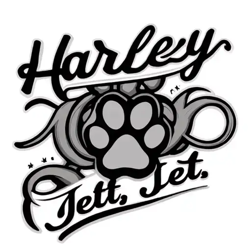 "Harley. Jet" infinity symbol with paw print and 2 names tattoo design idea