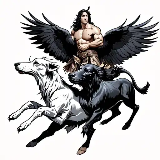 Cu Chulainn with irish wolfhound, raven and a black bull fighting a white bull tattoo design idea
