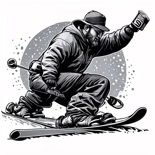 Draw me skiing tatoo that has ja man whos taking a mute grab and he has a beer bottle on his another hand tattoo design idea