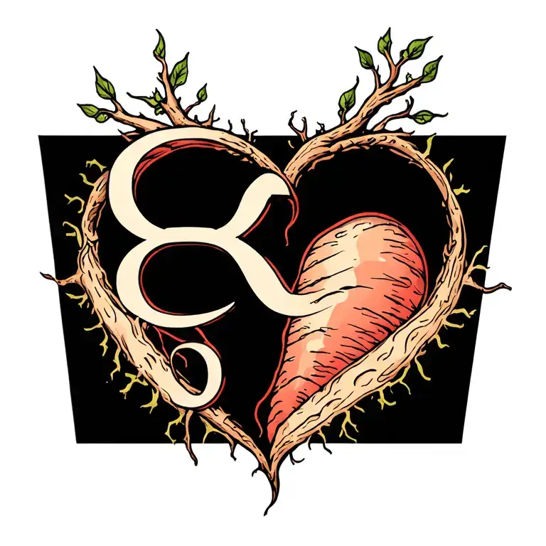 Letter G in heart shape, Neo Traditional style tattoo with roots coming out of the cut skin and infinity symbol tattoo design idea