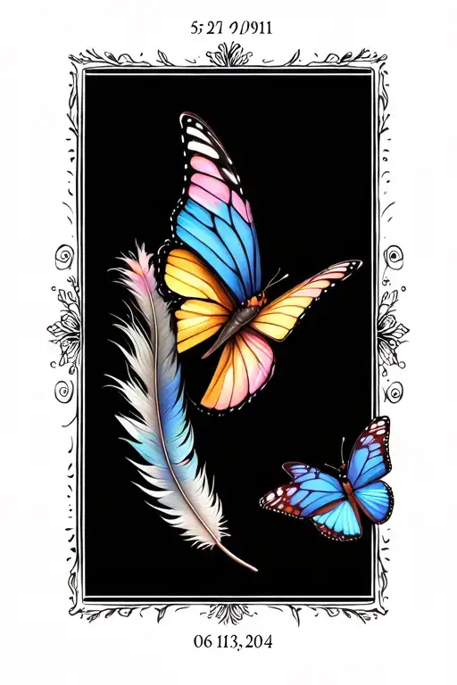 feathers and butterflies dates 05/21/1991-06/13/2024 tattoo design idea