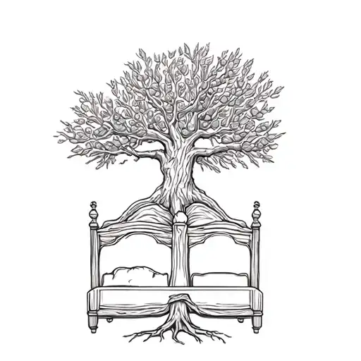 wedding bed carved into olive tree with roots tattoo design idea