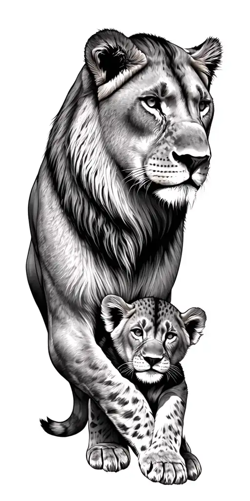 Lioness protecting 2 cubs tattoo design idea
