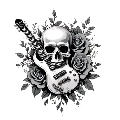 electric guitar skull and roses intertwined tattoo design idea