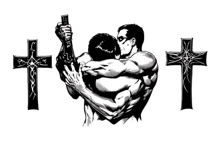 Daredevil hugging cross tattoo design idea