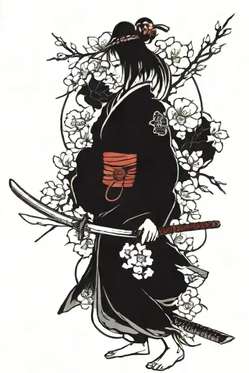 samurai woman with sakura full length tattoo design idea
